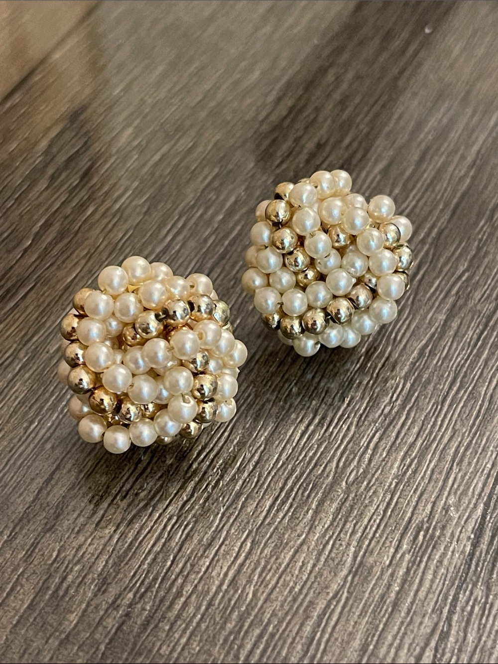 Vintage Faux Pearl & Gold Beaded Cluster Earrings